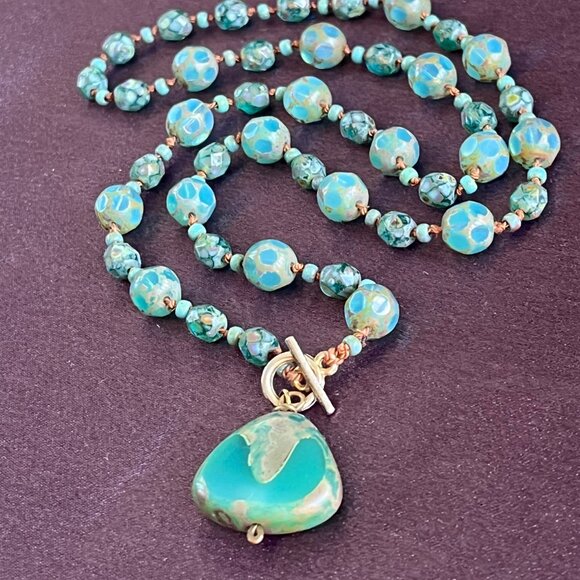 Hand Knotted Czech Glass Bead Necklace with Aqua Turquoise Pendant - Picture 1 of 7